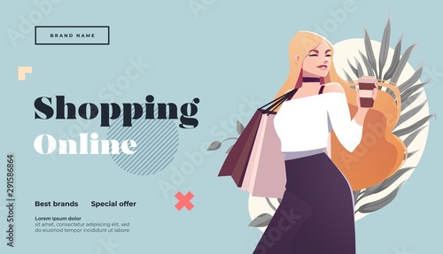 Online shopping landing page or banner template. Girl with shopping, packages. Flat Happy Female Character with Shopping Bags. Vector Illustration