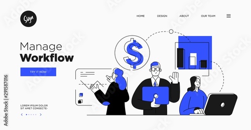 Presentation slide template or landing page website design. Business concept illustrations. Modern flat outline style. Workflow management