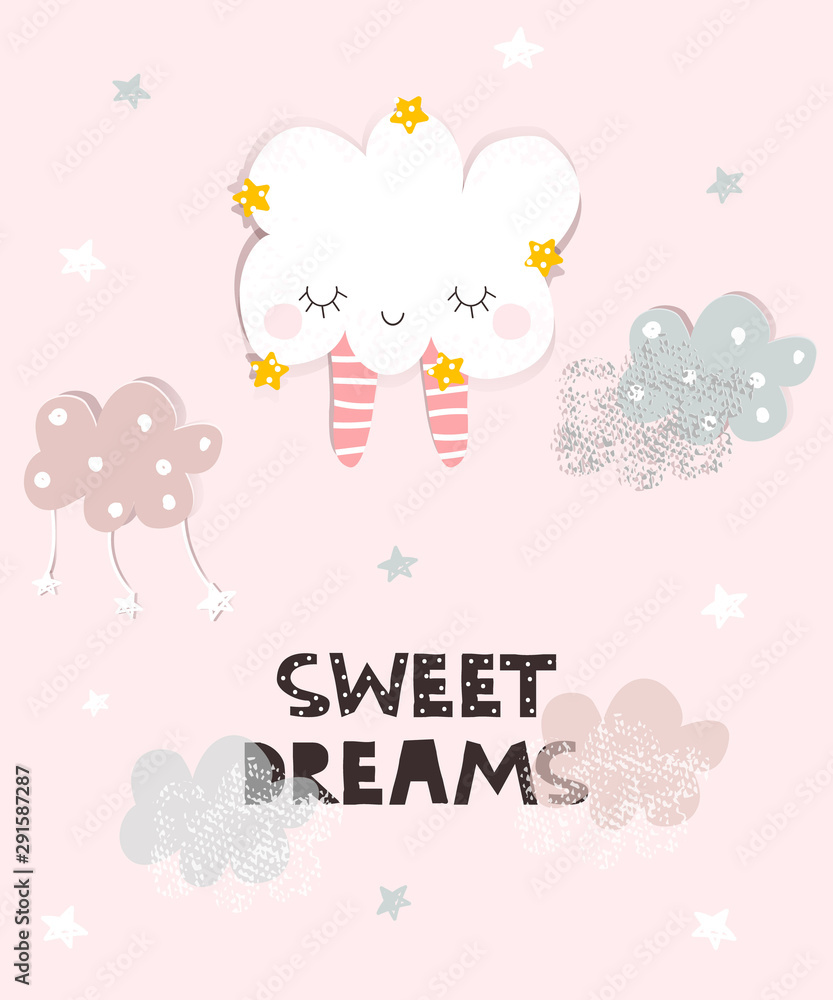 Sweet dreams cute pastel card with lovely cloud. Vector hand drawn illustration. Sweet dreams cute pastel card with lovely cloud. Vector hand drawn illustration.
