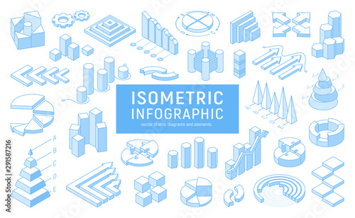 Line isometric infographic for your business presentation. Vector set of flat infographics with statistics diagrams, data icons charts, graphics and design elements. Template for banner, website