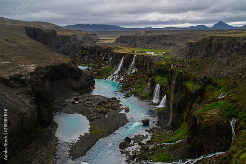 Scenic landscape view of incredible Sigoldugljufur canyon in highlands with turquoise river, Iceland. Volcanic landscape on background. Popular tourist attraction.
