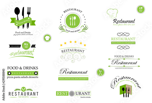 Food And Restaurant Logo Set - Isolated On White Background. Vector Illustration For Cook, Chef, Kitchen, Bar, Hat, Fork And Knife Logo. Restaurant And Food Logo For Bistro, Cook Elements And Labels