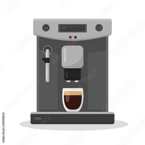 Coffee maker with glass of coffee isolated on white background. Coffee mashine for office or home. Vector illustration.