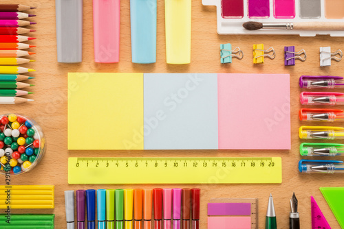  School office supplies on a desk 