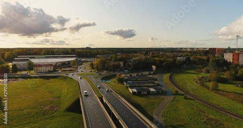 Wallpaper Mural Aerial footage of city traffic, cars and buses on the bridge. Estonia. Torontodigital.ca