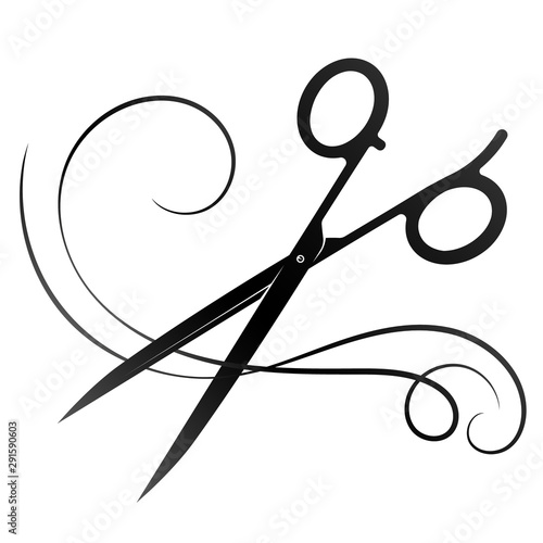 Scissors for beauty salon and a lock of hair silhouette