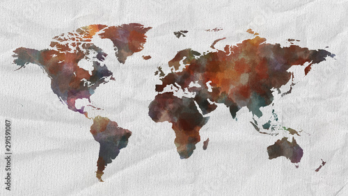 Watercolor world map with paper textur
