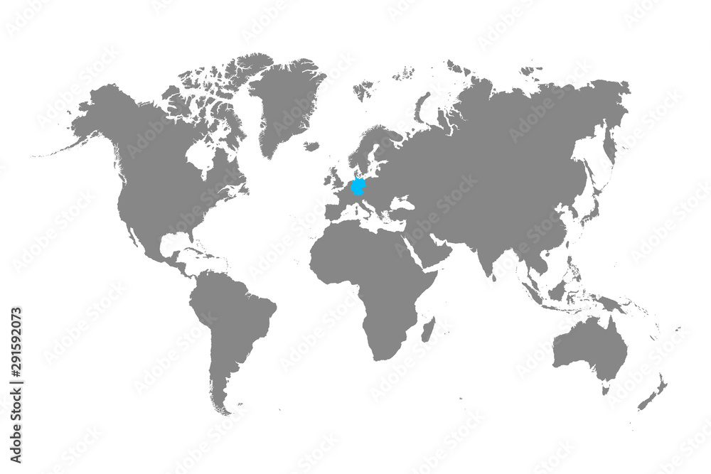 Detailed World Map in Monochrome with Germany Selected Blue.