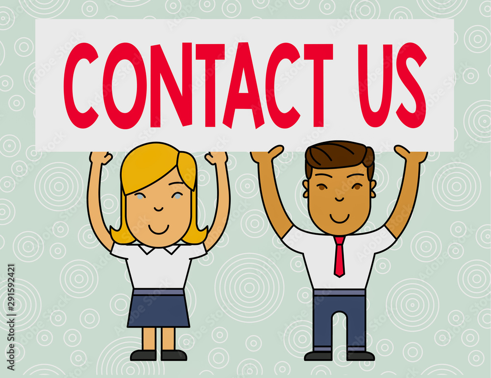 Word writing text Contact Us. Business photo showcasing Group of demonstrating that rendering costumer service through telecom Two Smiling People Holding Big Blank Poster Board Overhead with Both Word writing text Contact Us. Business photo showcasing Group of demonstrating that rendering costumer service through telecom Two Smiling People Holding Big Blank Poster Board Overhead with Both