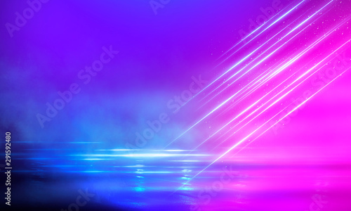Empty scene in ultraviolet with rays and neon light. Abstract background, tunnel, room, corridor.
