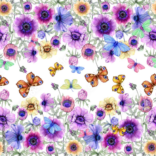 Beautiful colorful anemone flowers and flying butterflies with green leaves o...