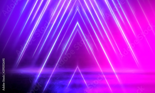 Empty scene in ultraviolet with rays and neon light. Abstract background, tunnel, room, corridor.