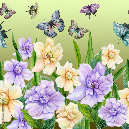 Beautiful gardenia flowers and colorful butterflies on green background. Seam...