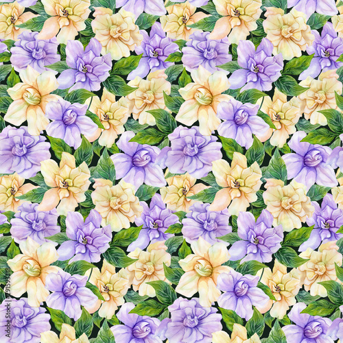 Beautiful gardenia flowers with leaves in seamless floral pattern. Bright botanical background. Watercolor painting. Hand drawn and painted illustration