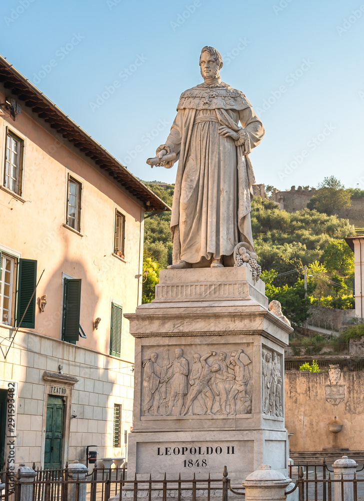 Marble statue on a pedestal to Leopoldo II in Pietrasanta, Tuscany, Italy.