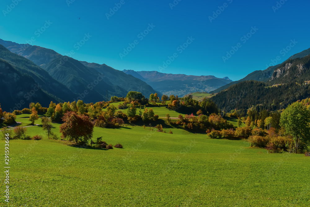 Colorful swiss autumn landscape in Filisur.
