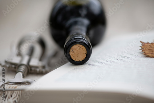 a bottle of wine and an opener in an open book