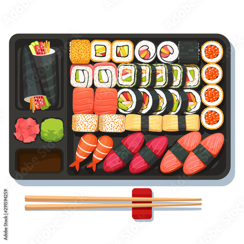 Delicious oriental takeaway sushi set on tray