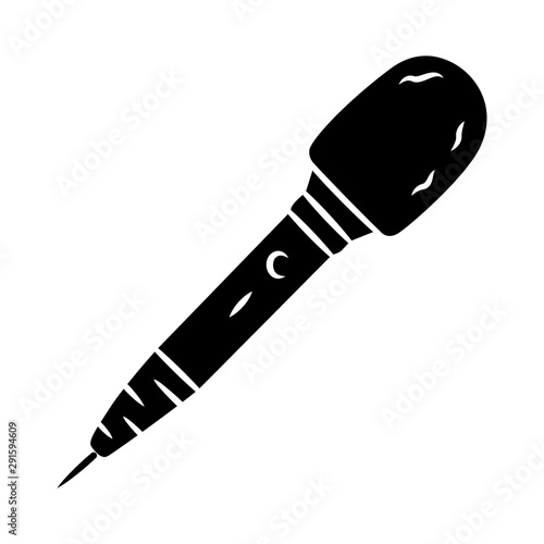 Microphone glyph icon. Television reporting. News broadcasting. Professional mic, karaoke device. Musician appliance. Silhouette symbol. Negative space. Vector isolated illustration