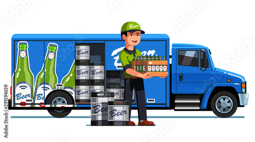Smiling courier man holding wooden crate of beer