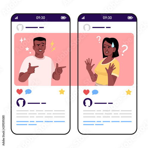 Curiosity and disgust social media posts smartphone app screen. Mobile phone displays with cartoon characters design mockup. Interest, dislike. Chatting, social network application telephone interface
