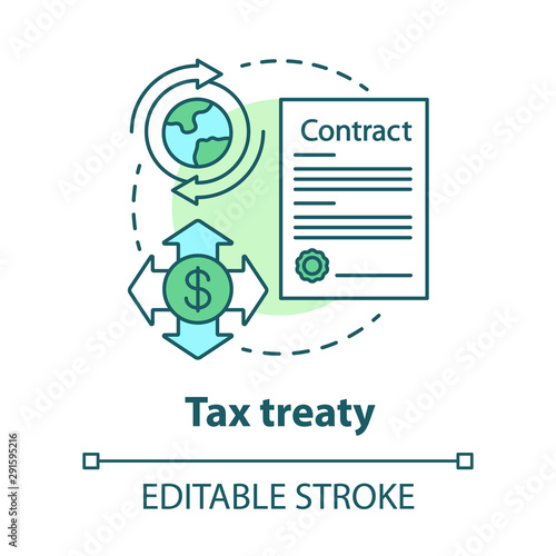 Tax treaty concept icon. International agreement idea thin line illustration. Double taxation. Bilateral contract. Currency transaction. Vector isolated outline drawing. Editable stroke