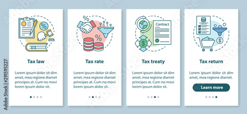 Taxes system onboarding mobile app page screen with linear concepts. Tax law, rate, treaty, return walkthrough steps graphic instructions. Taxation. UX, UI, GUI vector template with illustrations