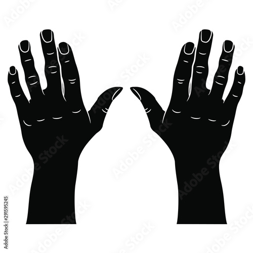 Two raised up human male hands in pleading gesture. Black and white silhouette.