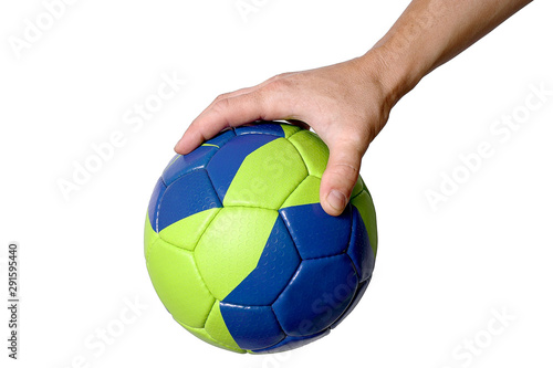 Handball ball in hand closeup on a white background photo
