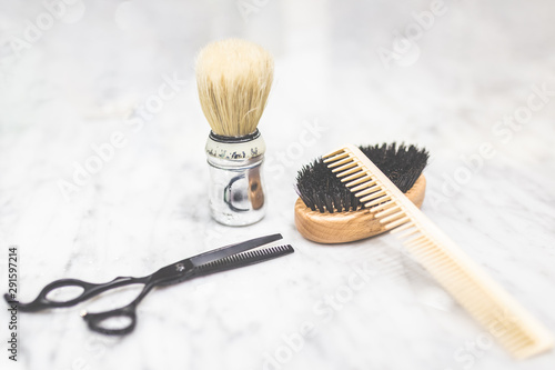 Close up of vintage tools of barber shop.