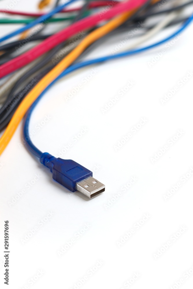 Data transfer computer connector with tangled cables on white background. Tech support, network infrastructure concept. Data transfer computer connector with tangled cables on white background. Tech support, network infrastructure concept.