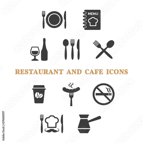 Restaurant and cafe icons set on white background.