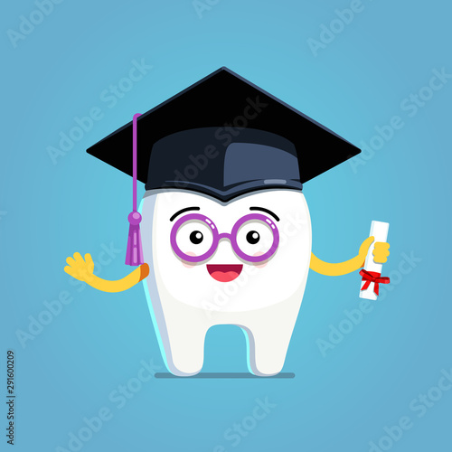 Happy cartoon wisdom tooth wearing graduation cap