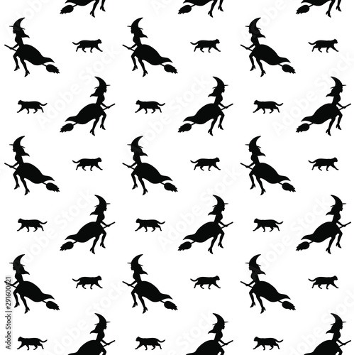 Vector seamless pattern of black witch and cat silhouette isolated on white background. Halloween illustration