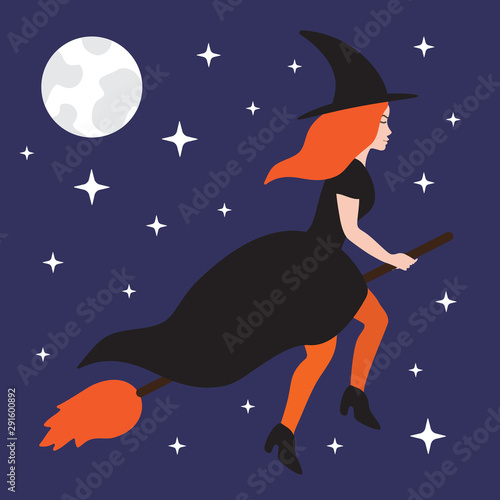Vector flat cartoon witch flying broom isolated on blue sky background with moon and stars. Halloween illustration