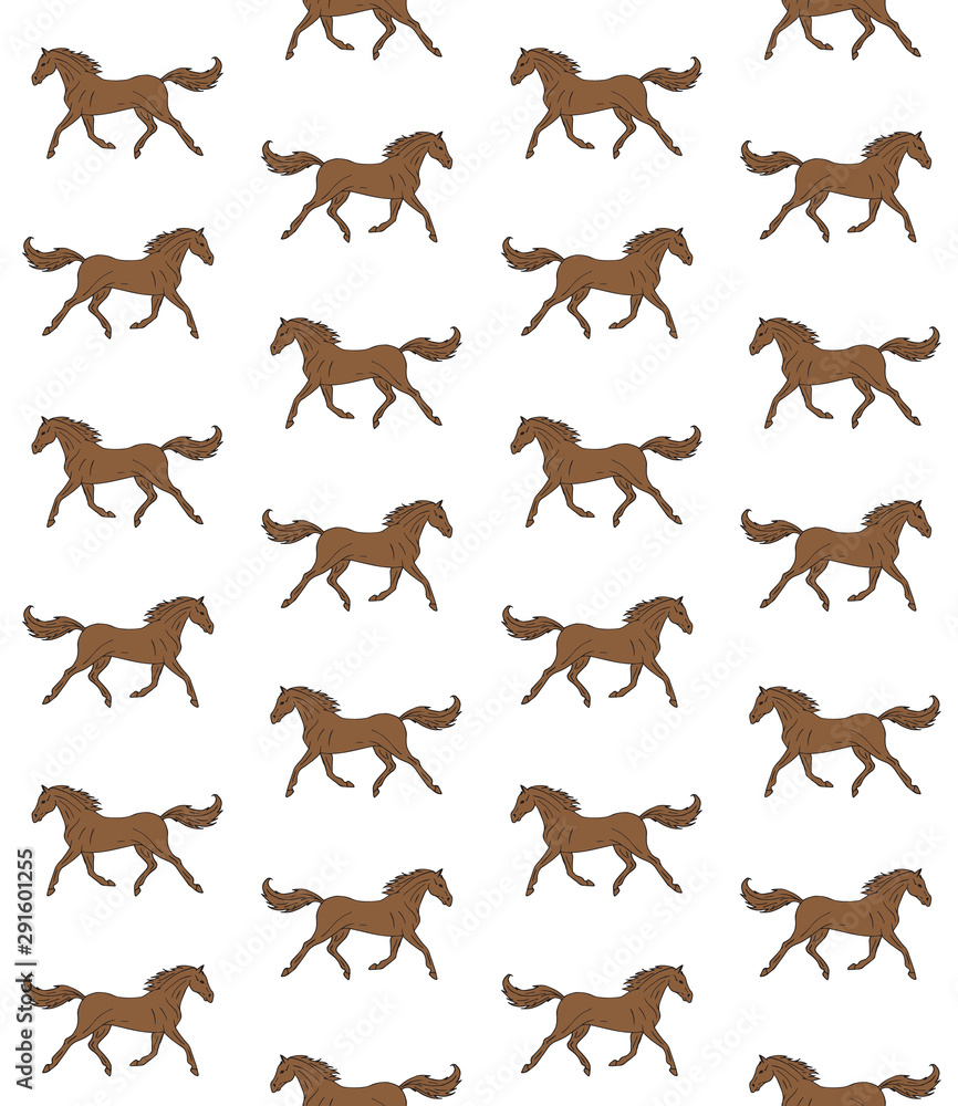 Vector seamless pattern of hand drawn brown horse isolated on white background