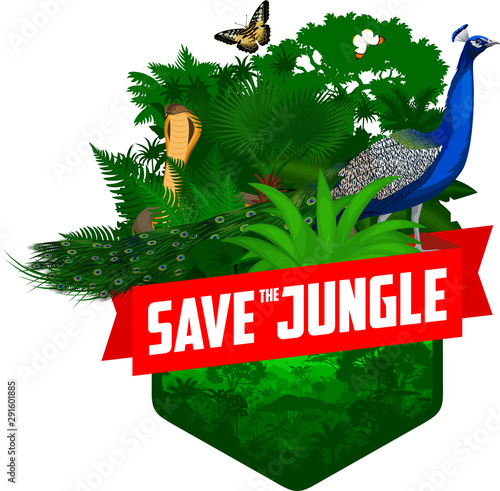 vector jungle rainforest emblem with male peacock peafowl, cobra snake and butterflies