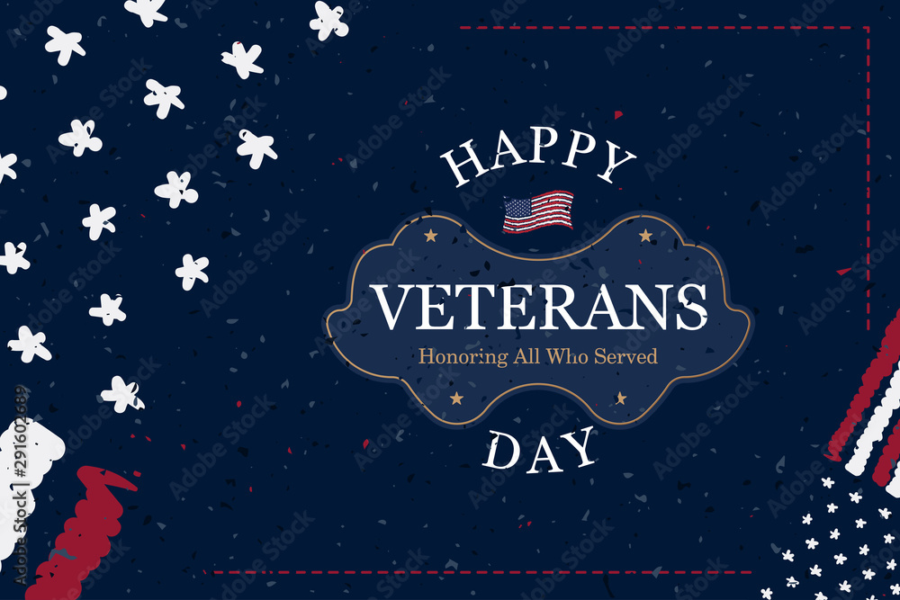 Veterans Day. Greeting card with USA flag and retro rubber stamp with the text written inside on white background with texture. National American holiday event. Vintage vector illustration EPS10
