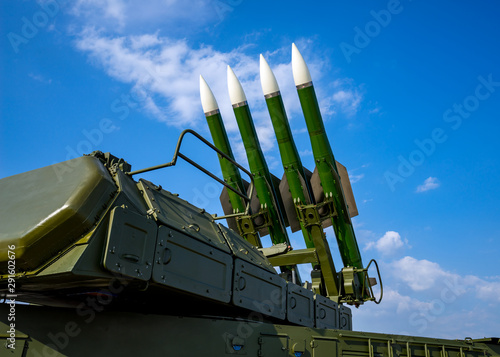 Obraz na plátně Ballistic missile launcher with four cruise missiles on powerful mobile transpor