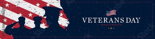 Happy Veterans Day. Greeting card with USA flag and soldiers on background with texture. National American holiday event. Flat vector illustration EPS10