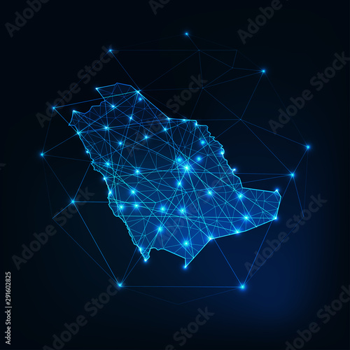 Saudi Arabia map outline with stars and lines abstract framework.