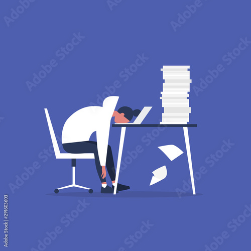 Professional burnout. Young exhausted female manager sitting at the office. Long working day. Millennials at work. Flat editable vector illustration, clip art