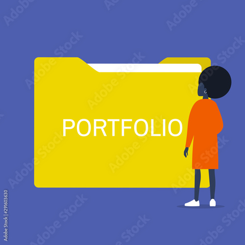 Portfolio. Black female character standing in front of the folder with documents. Experience. HR. Flat editable vector illustration, clip art