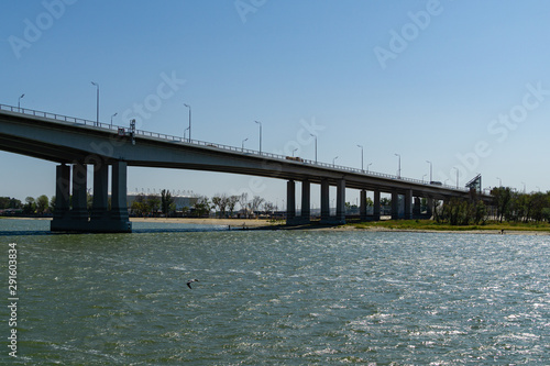 View of Voroshilovsky bridge on Don river from right bank Rostov-on-Don city © MarinoDenisenko