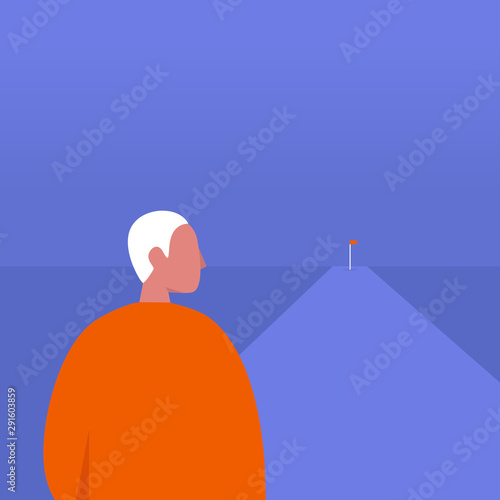Achievement. Red flag on the horizon. Aim. Target. Mission. Perspective. Young male character's silhouette. Conceptual business illustration. Lifestyle.