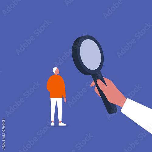Hand holding a magnifying glass. Scale up. HR management. Looking for an employee. Conceptual business illustration. Flat editable vector illustration, clip art