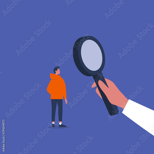 Hand holding a magnifying glass. Scale up. HR management. Looking for an employee. Conceptual business illustration. Flat editable vector illustration, clip art