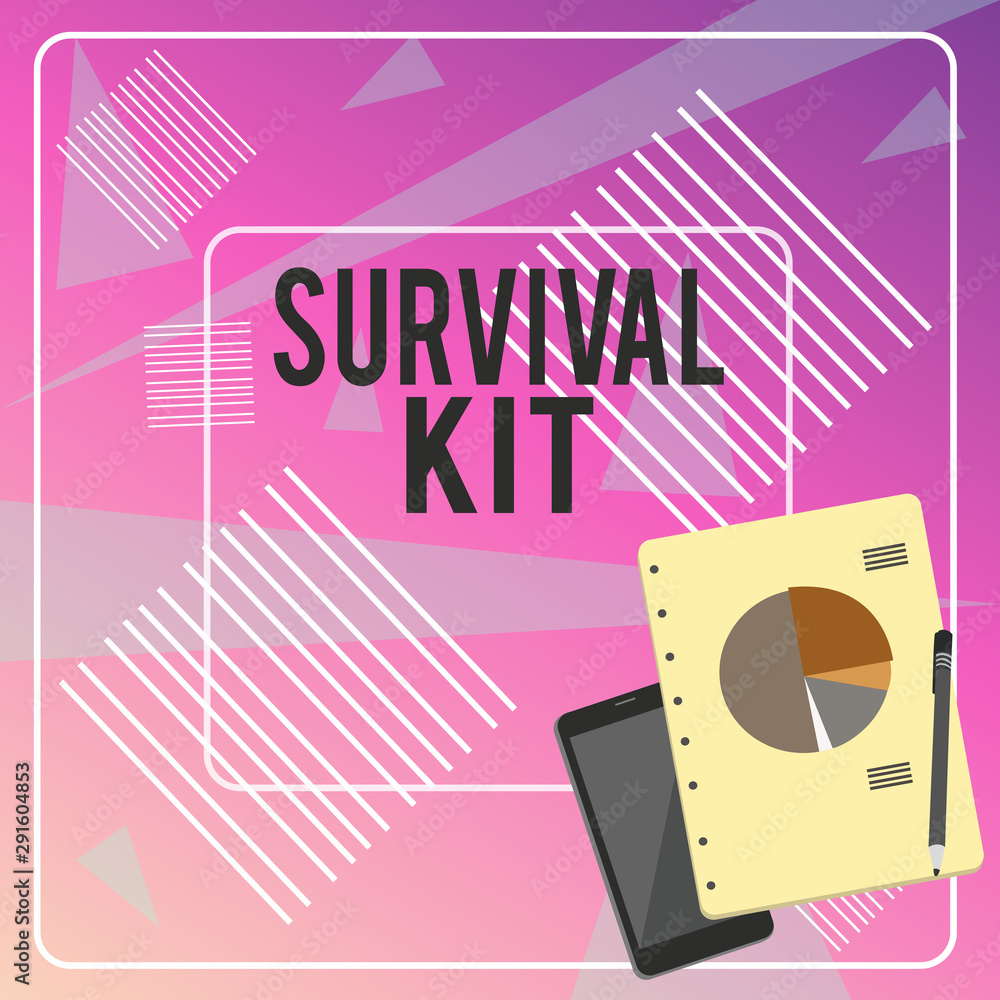 Conceptual hand writing showing Survival Kit. Concept meaning Emergency  Equipment Collection of items to help someone Layout Smartphone Off  Ballpoint Notepad Business Pie Chart Stock Illustration