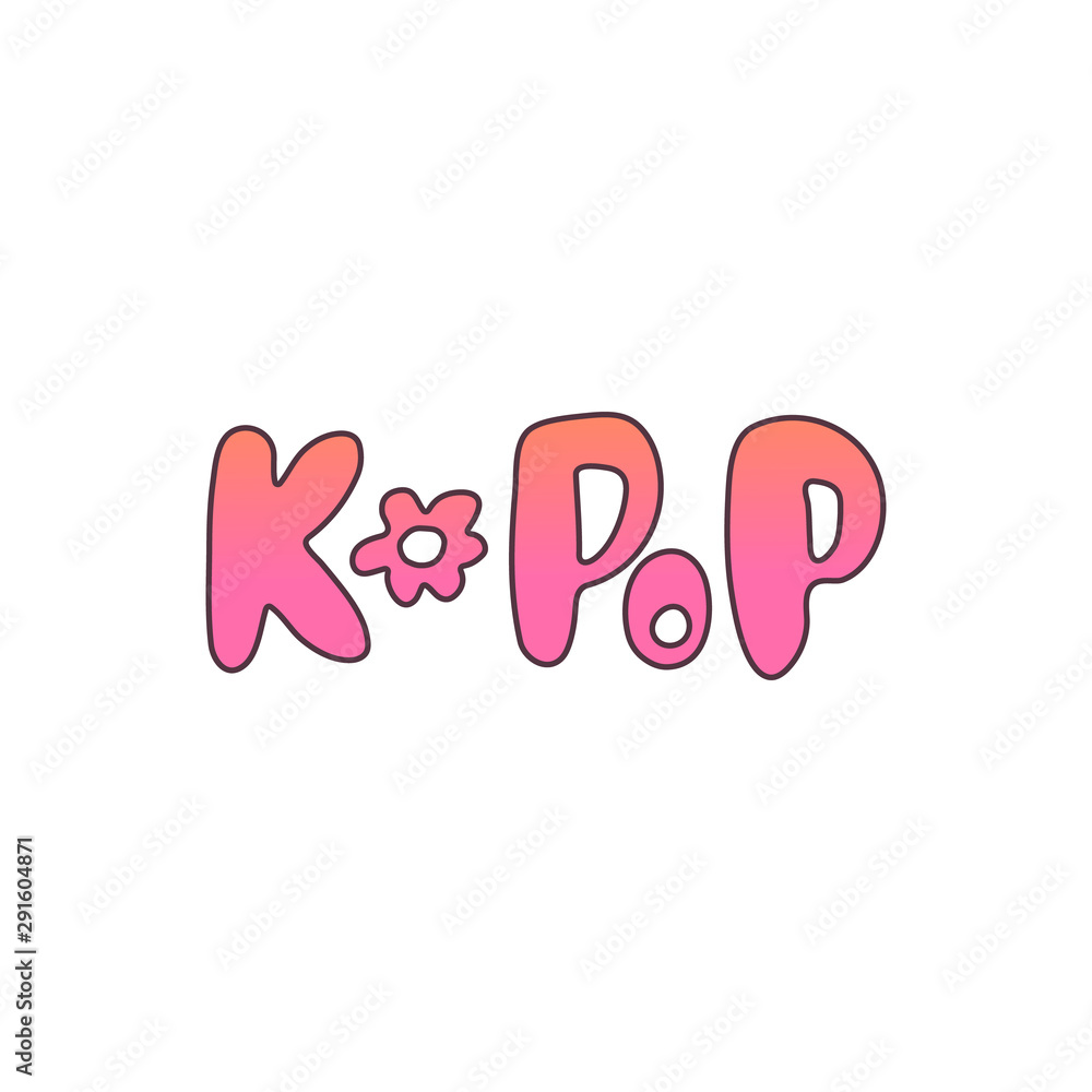 Hand-drawn colorful k-pop lettering with a flower. Isolated sticker in a modern pink-orange gradient on white background. Design of postcard, poster, banner and t-shirt for korean pop music fans Hand-drawn colorful k-pop lettering with a flower. Isolated sticker in a modern pink-orange gradient on white background. Design of postcard, poster, banner and t-shirt for korean pop music fans