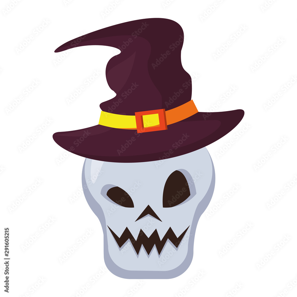 head skull with halloween witch hat accessory